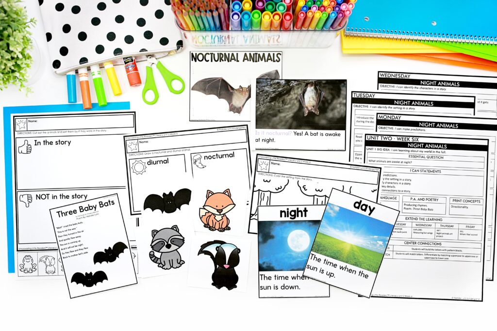 Preschool and prek literacy lesson plans for the theme nocturnal animals