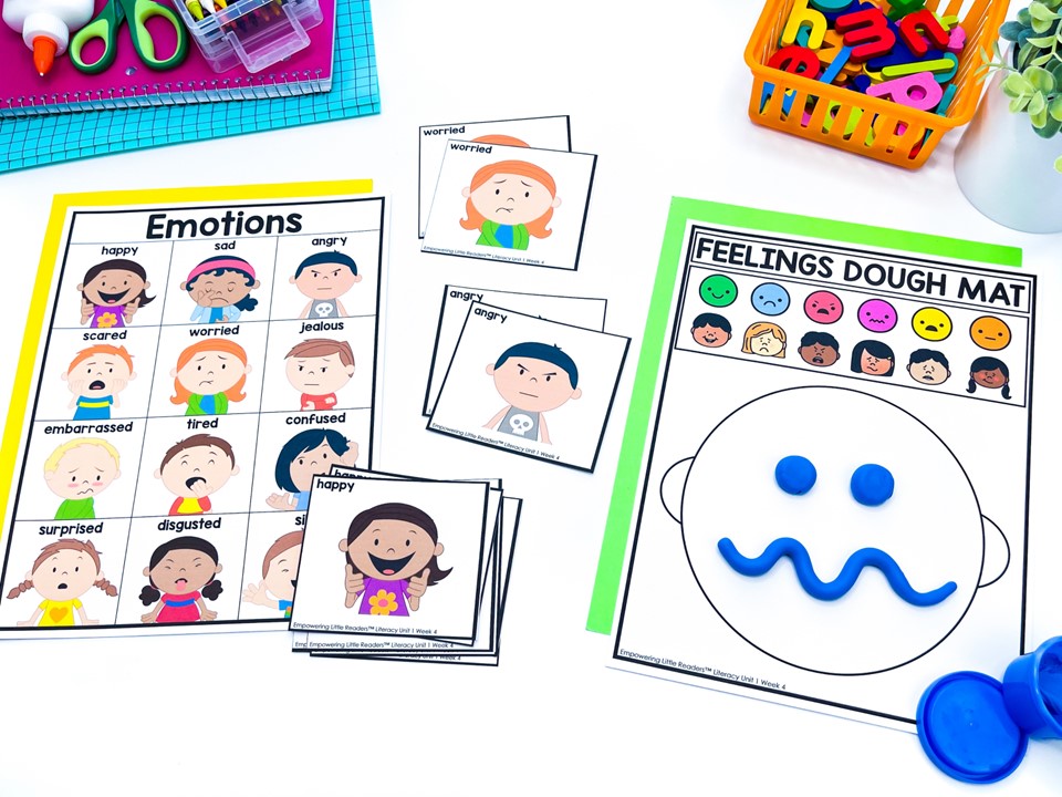 Feelings and motions chart, cards, and playdough mat for social emotional learning SEL in preschool and pre-k
