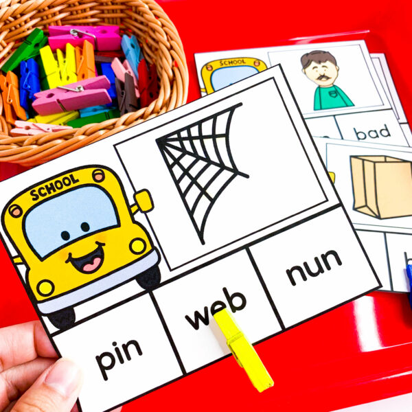Science of Reading Back to School Centers bus CVC word clip cards