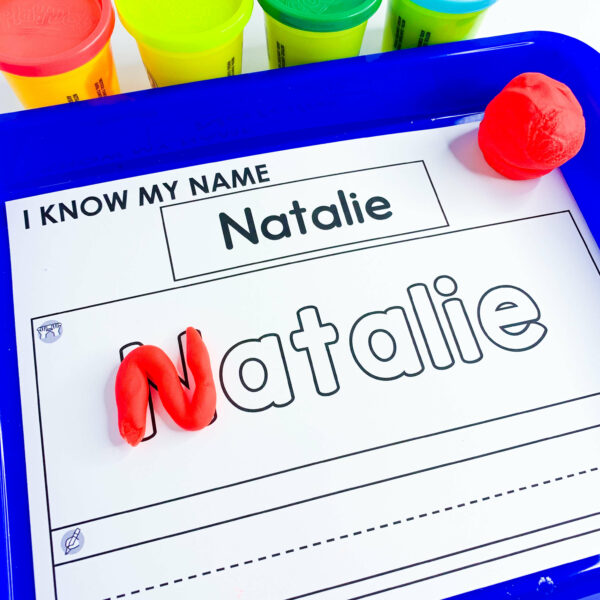 editable name mat centers - picture showing playdough name mat with the name Natalie