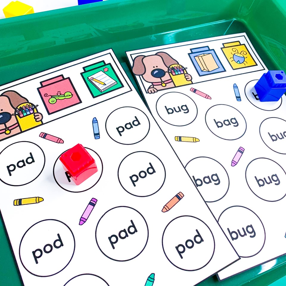 free science of reading literacy centers for back to school in kindergarten, first grade, or second grade - image shows two look alike word mats for CVC words