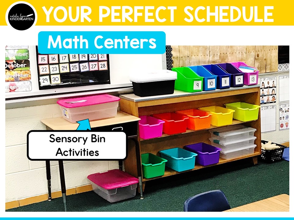 kindergarten math centers set up in classroom showing sensory bin activities