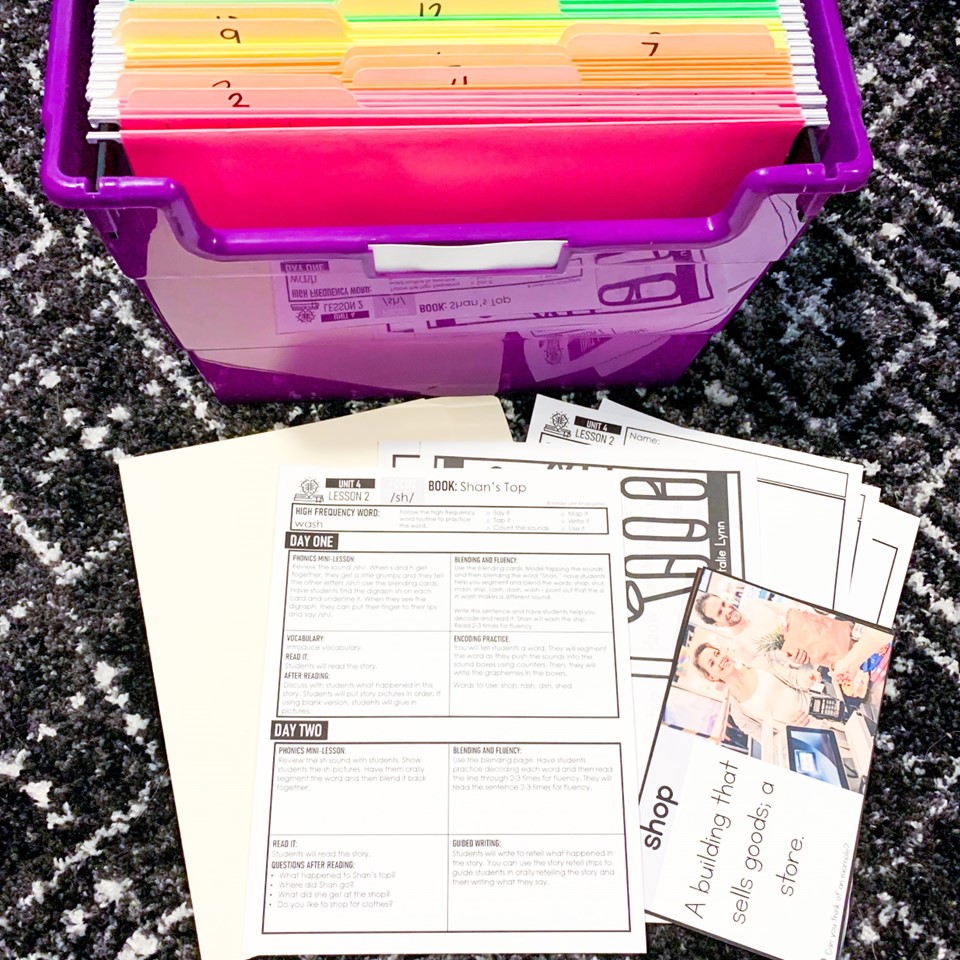 Organized Science of Reading Guided Curriculum materials in front of a hanging file folder bin
