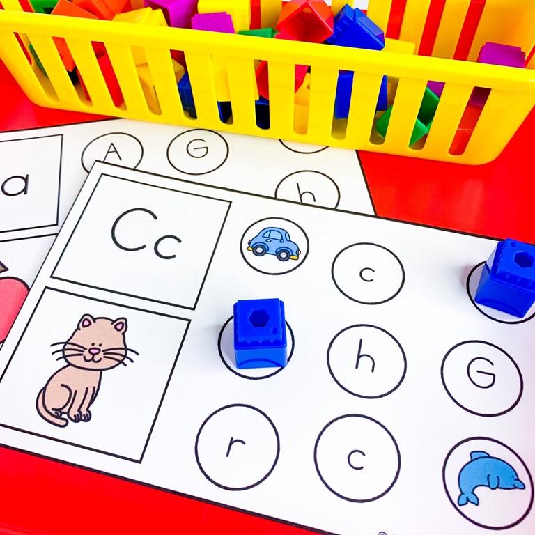 science of reading alphabet literacy centers | image shows search and cover card for the letter Cc