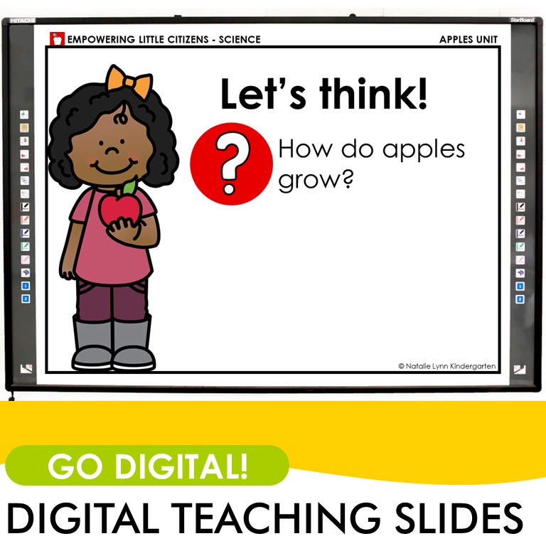 Kindergarten science digital teaching slides - image shows a digital slide that says “Let’s think! How do apples grow?”