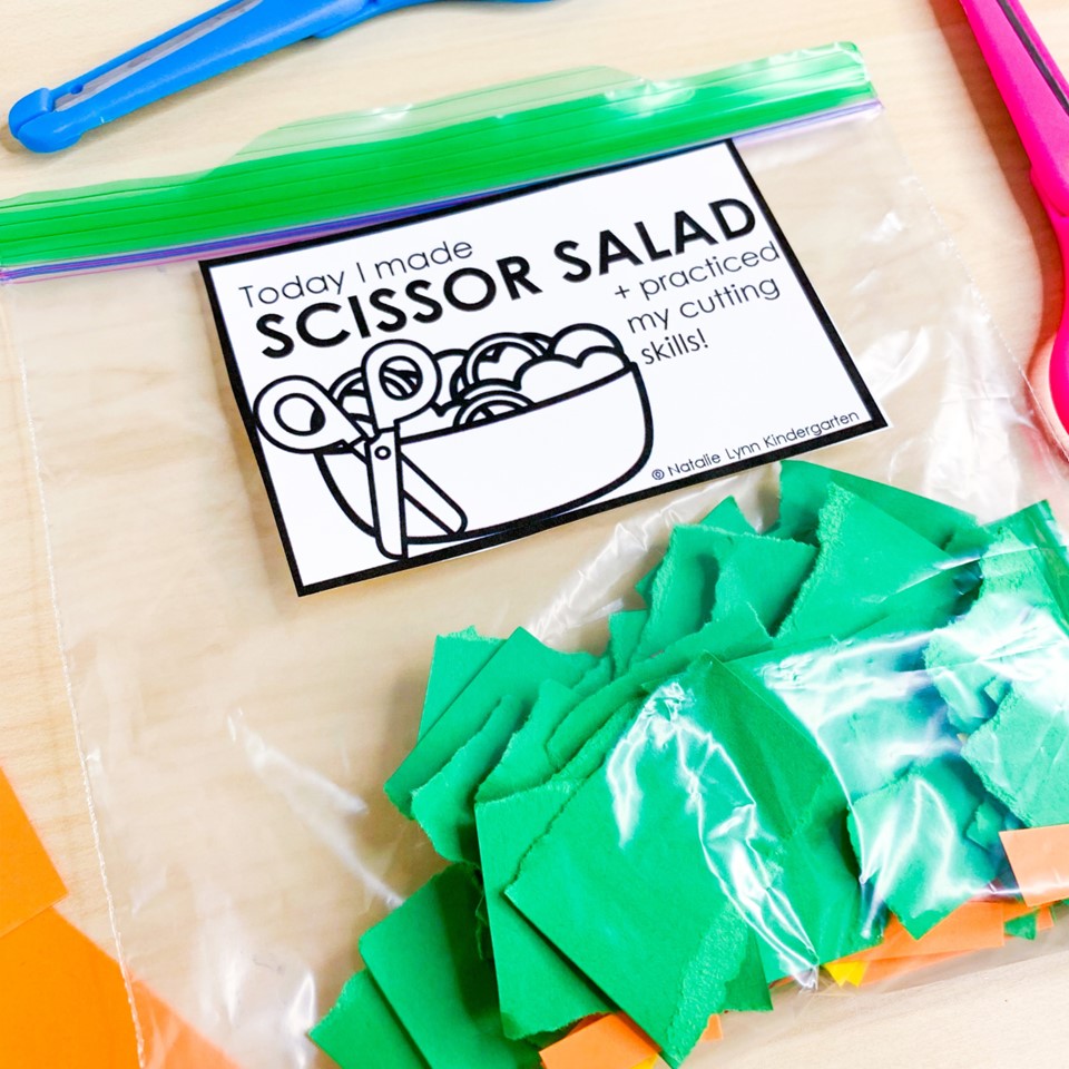 scissor salad cutting practice activity for preschool, pre-k, or kindergarten | image shows a plastic baggie with the scissor salad label and shreds of paper inside.