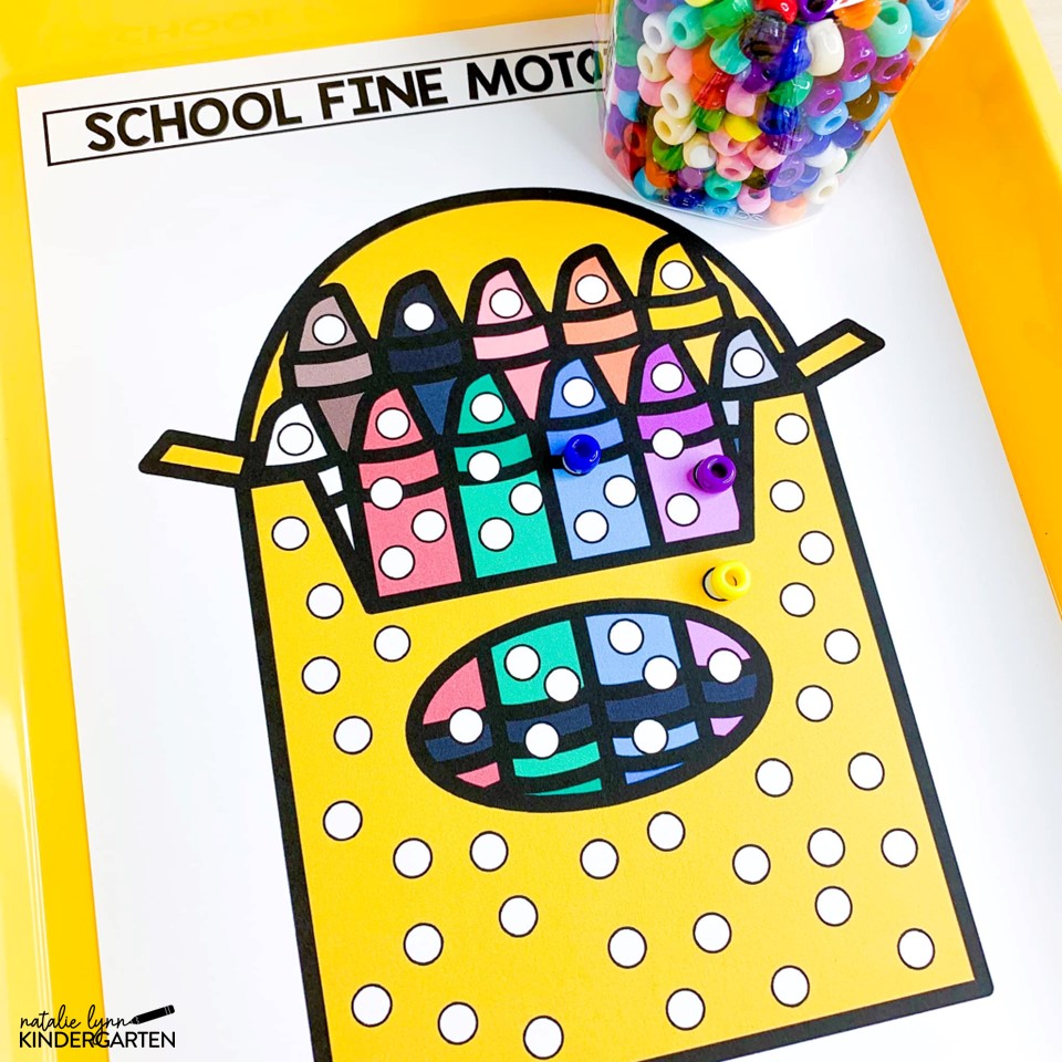 back to school fine motor mats matching pony beads to an image of a crayon box