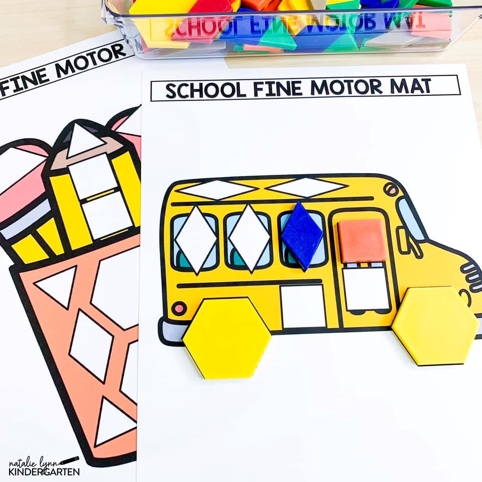 back to school fine motor mats matching pattern blocks to a school bus and pencil cup