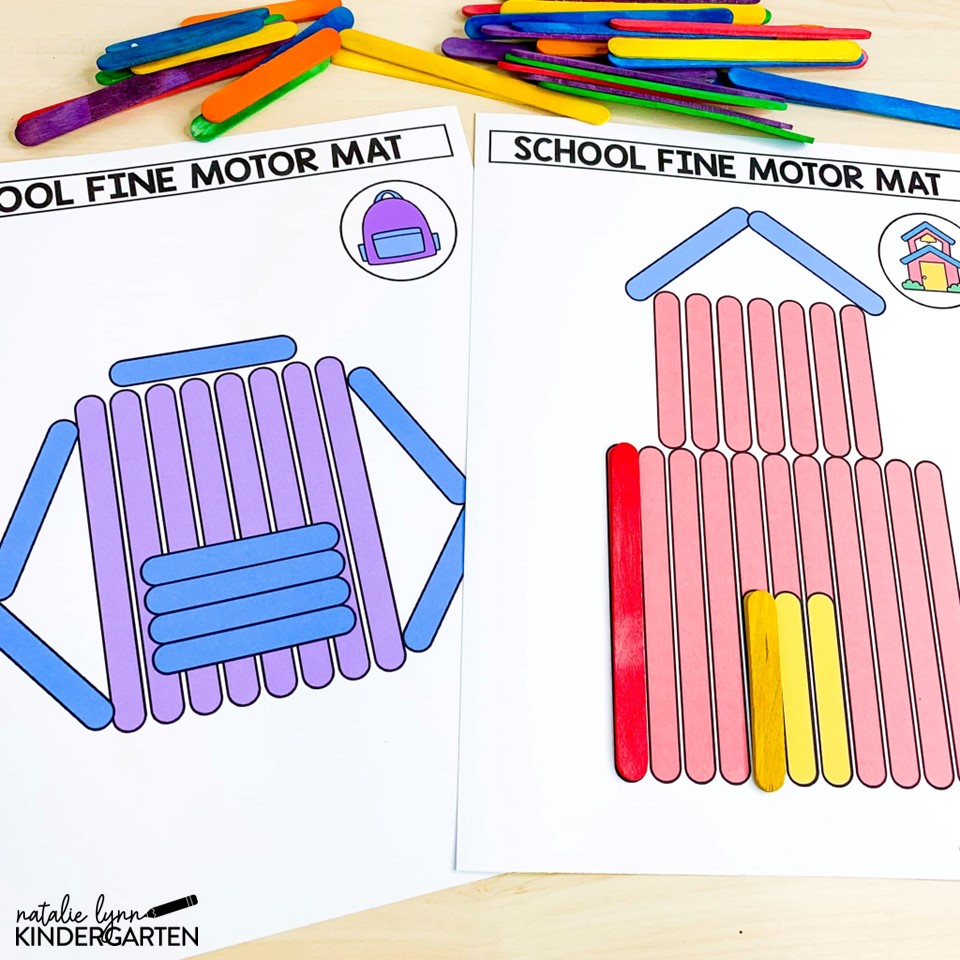 back to school fine motor mats matching popsicle sticks to create a backpack and schoolhouse