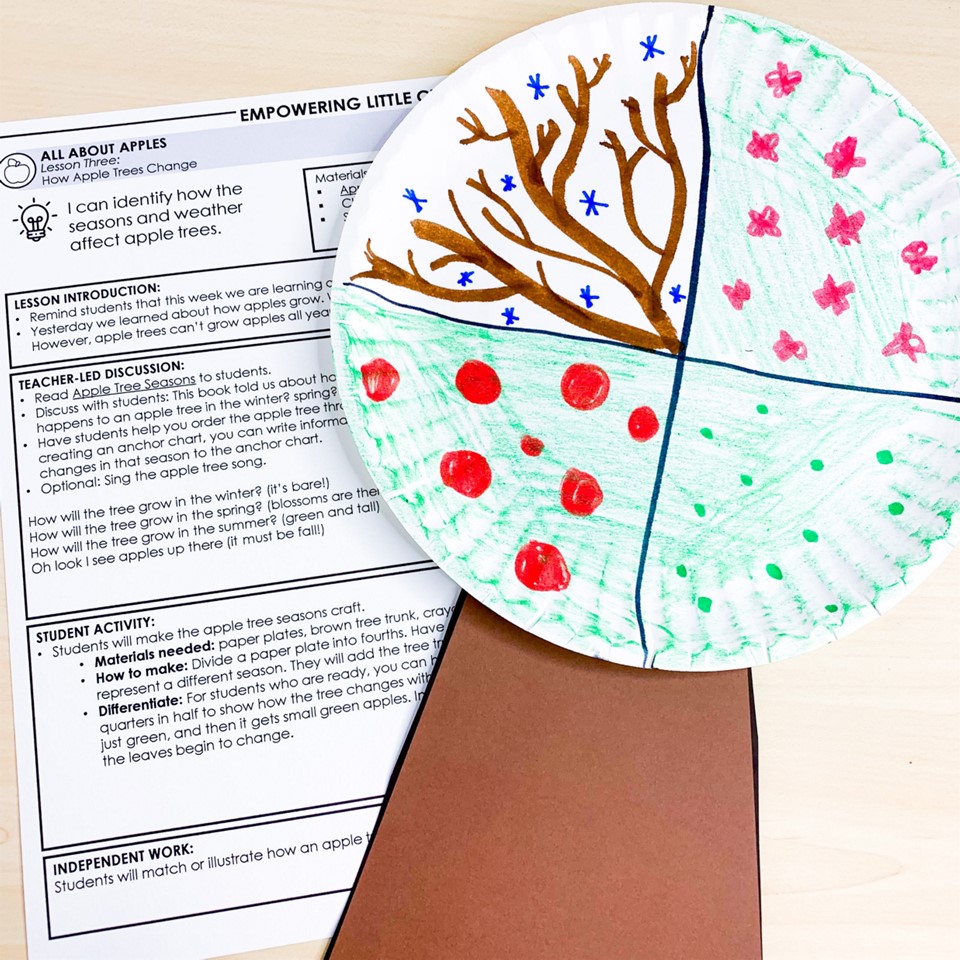 Kindergarten apple activities and lessons about the seasons of an apple tree with an apple tree seasons craft