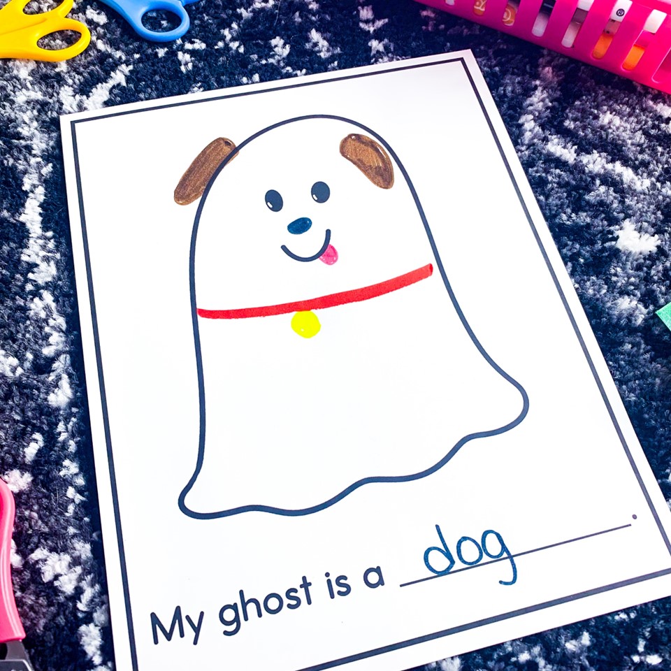 free design a ghost costume halloween activity for Kindergarten | image shows a ghost dressed up as a dog with the sentence My Ghost is a Dog.