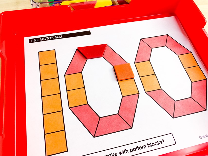 100th Day of school Activities| Image shows a number 100 pattern block mat