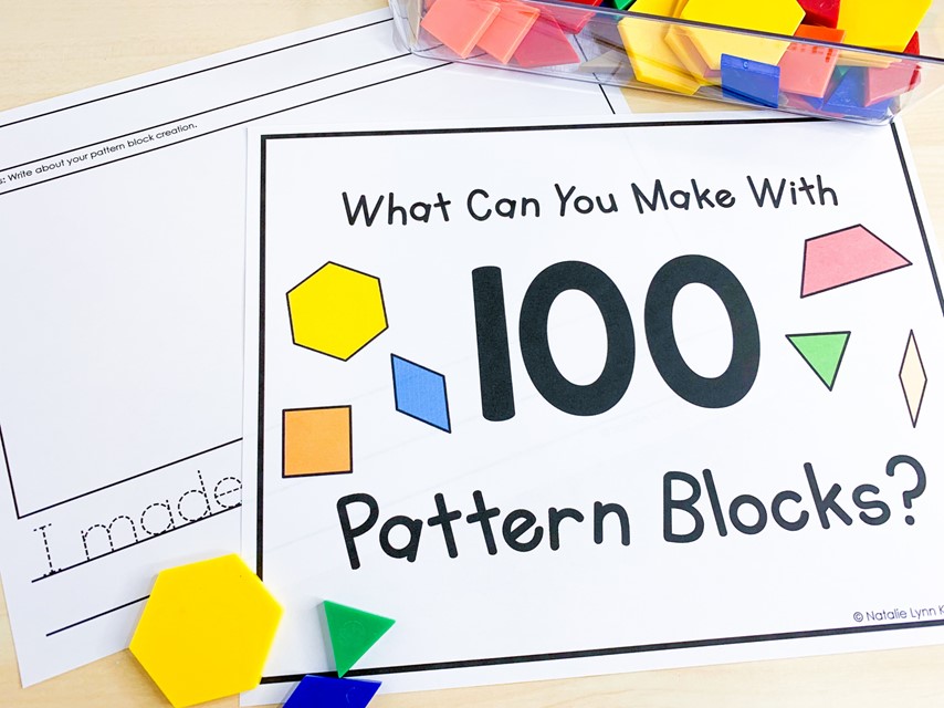Free 100th Day of school Activities| Image shows a sign that says "What can you make with 100 pattern blocks?" and pattern blocks.