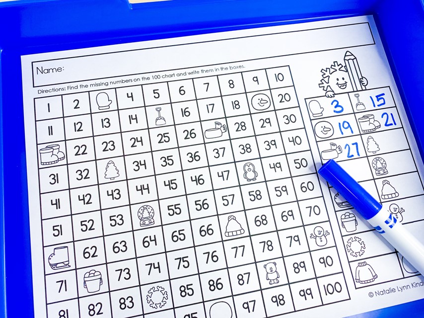 Free 100th Day of school Activities| Image shows a winter themed missing numbers on a 100 chart worksheet