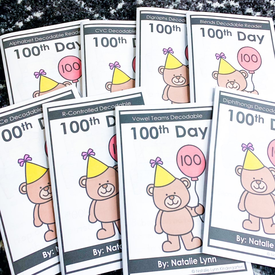 Free 100th Day of school Activities| Image shows 8 100th day of school decodable readers. One book for each skill: alphabet, CVC, digraphs, blends, cvce, r-controlled, vowel teams, dipthongs