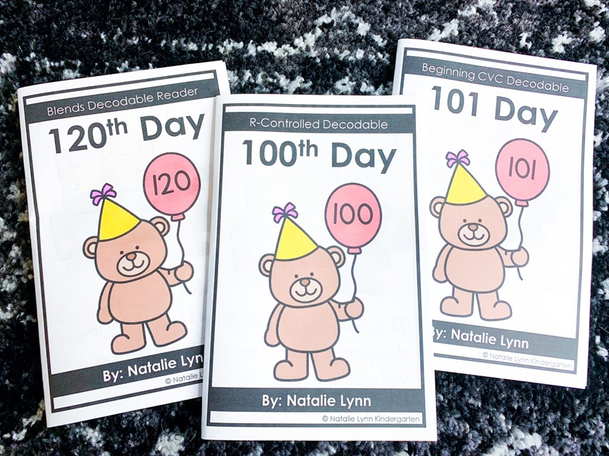Free 100th Day of school Activities| Image shows 3 decodable readers. One for the 100th day, one for the 120th day, and one for the 101 day