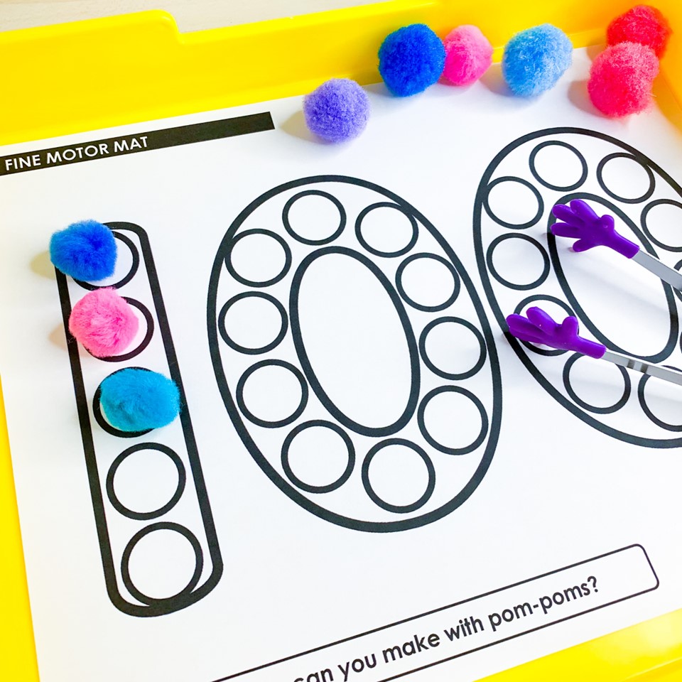 100th Day of school Activities| Image shows a number 100 pom pom mat
