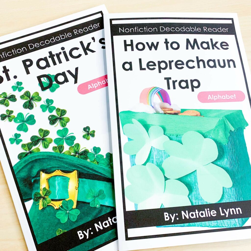 free St. Patrick's Day alphabet books nonfiction decodable readers | image shows a book titled St. Patrick's Day and a book titled How to Make a Leprechaun Trap