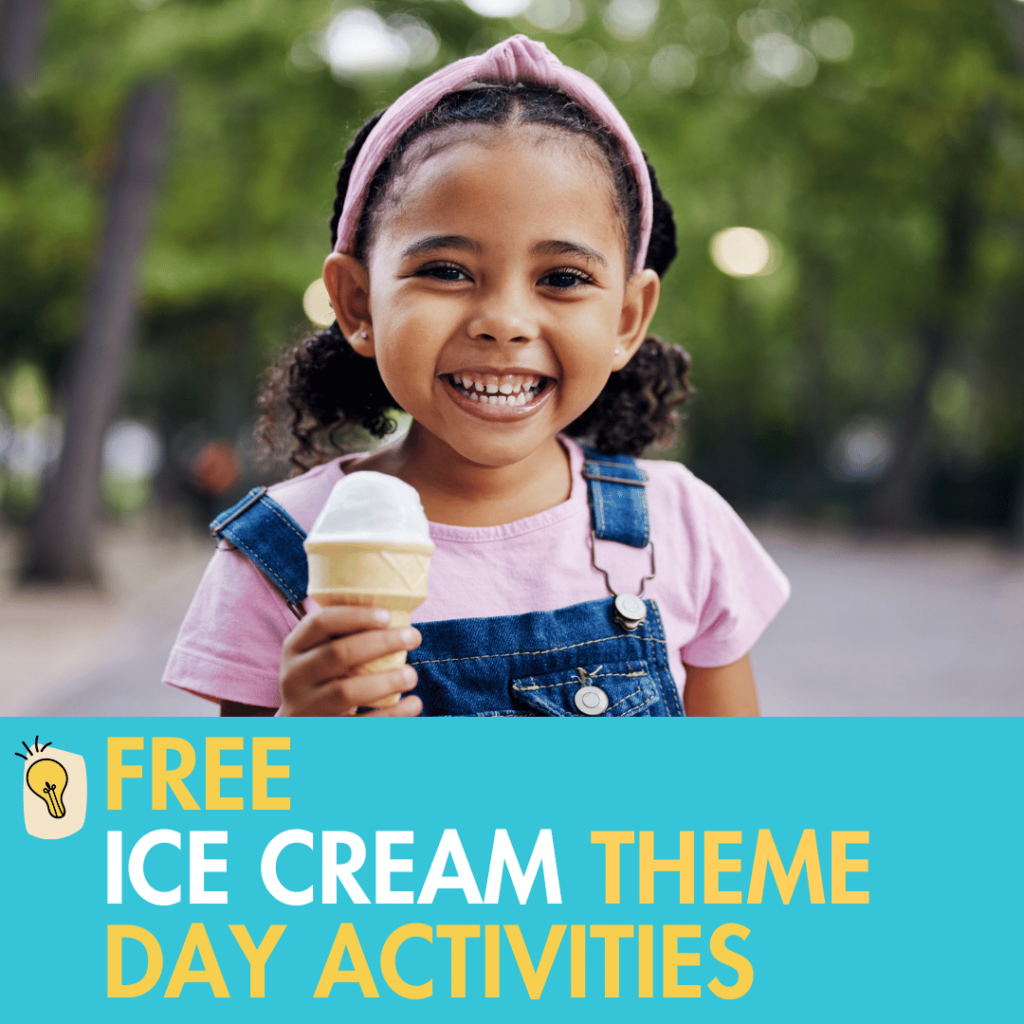 free end of the year ice cream theme days for kindergarten and first grade | Image shows a girl holding an ice cream cone and smiling with the words "free ice cream theme days activities"