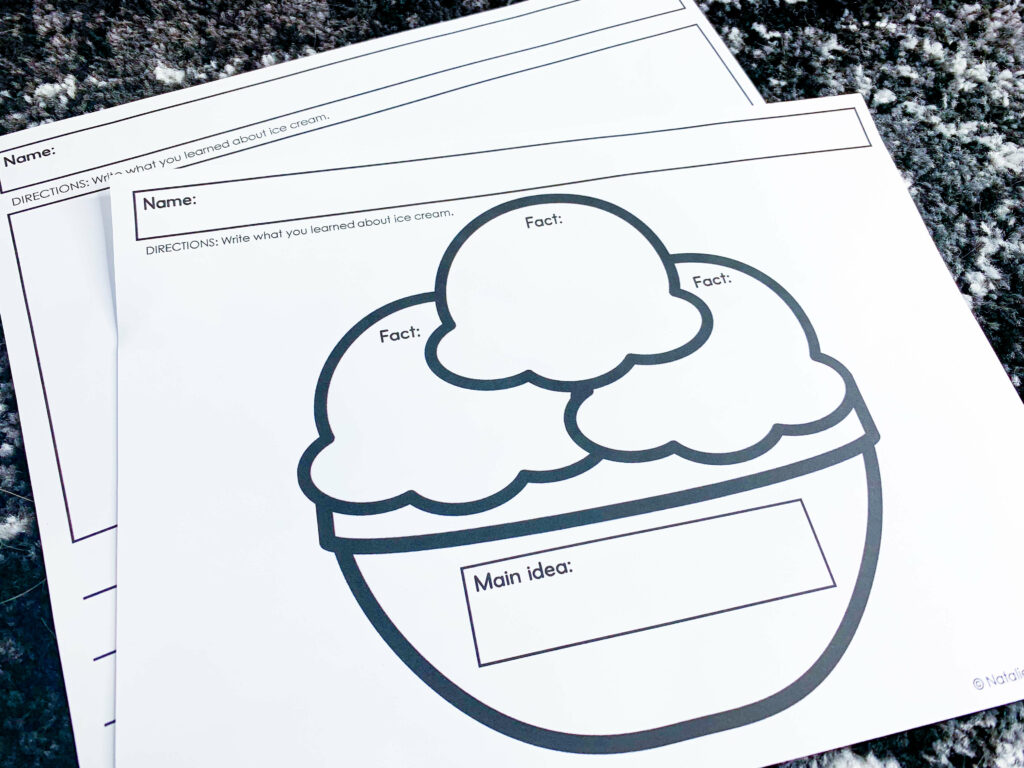 free end of the year ice cream theme days for kindergarten and first grade | image shows writing pages layered on a black and white carpet. The writing page on top has an ice cream bowl that says "main idea" and three scoops that say "facts"