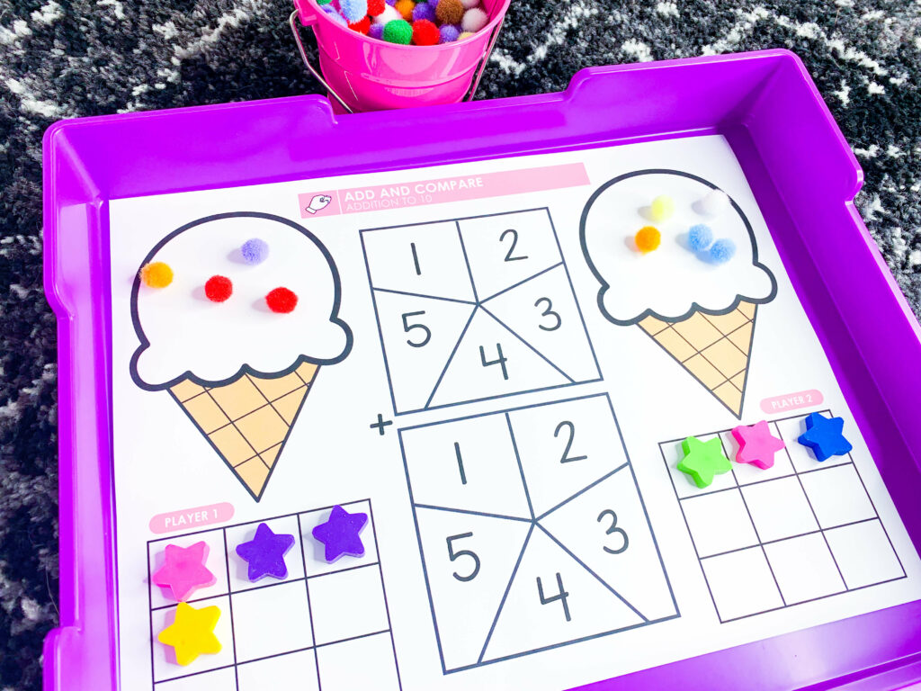 free end of the year ice cream theme days for kindergarten and first grade | image shows an addition math game on a purple tray.