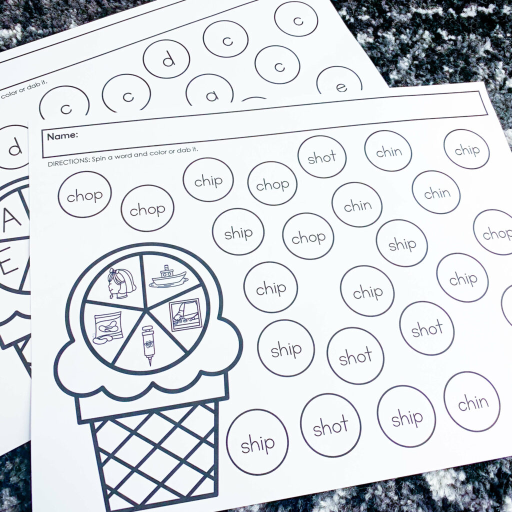 free end of the year ice cream theme days for kindergarten and first grade | image shows ice cream-themed spin and color phonics worksheets with digraph words and letters