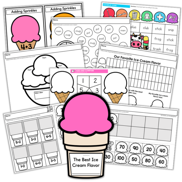 free end of the year ice cream theme days for kindergarten and first grade | image shows layered screenshots of each activity included