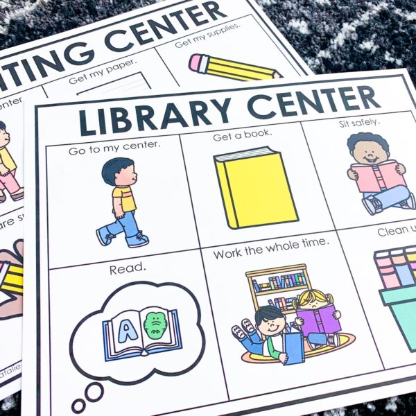 Free classroom management resources for centers | poster shows library center routines and expectations