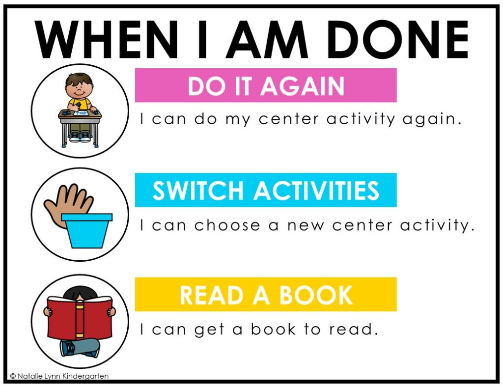 early finisher activities : When I am done, do it again, switch activities, read a book.