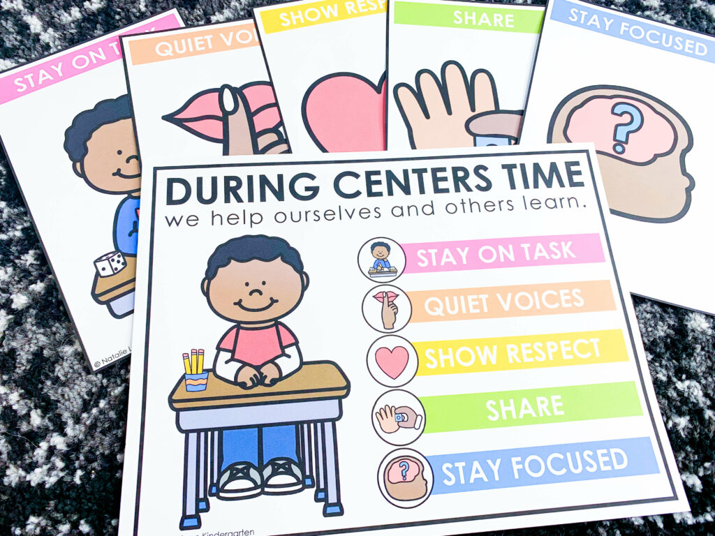 classroom centers expectations poster | image shows a poster that says "During centers time, we help ourselves and others learn. Stay on task, quiet voices, show respect, share, stay focused.