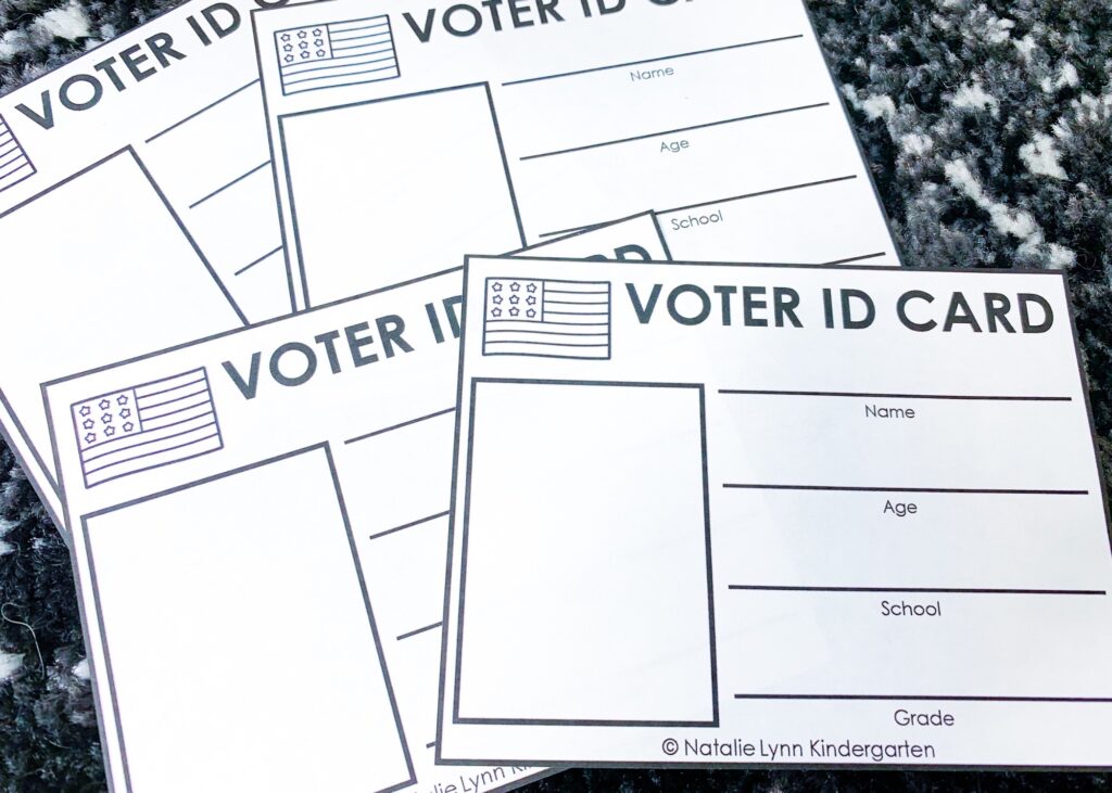 student voter ID cards with a blank box and space to write name, age, school, and grade