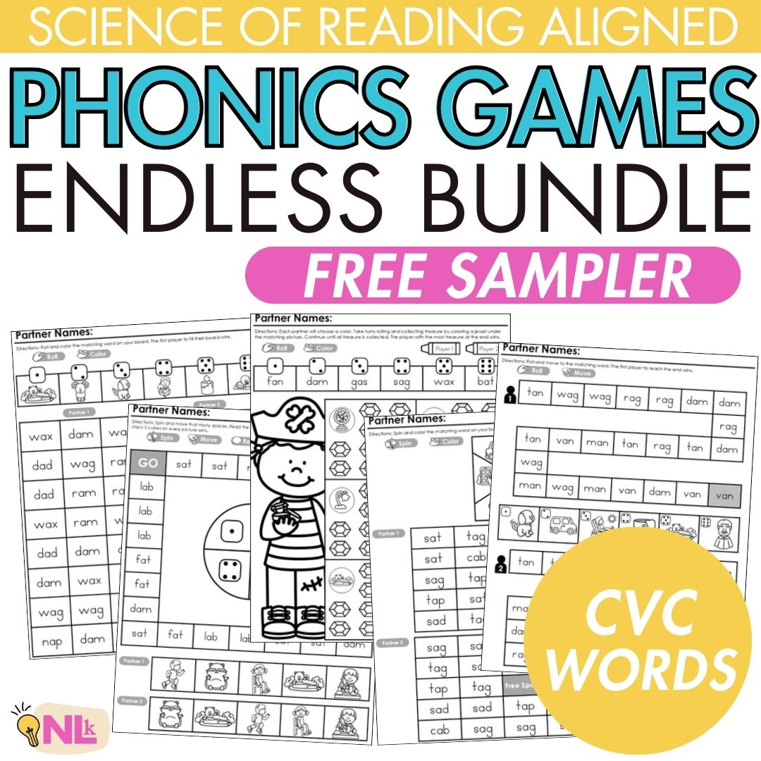 CVC Words Phonics Partner Games SAMPLER Kindergarten 1st Grade Literacy Centers