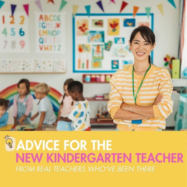 A smiling new kindergarten teacher standing confidently in her classroom while young students work in the background.