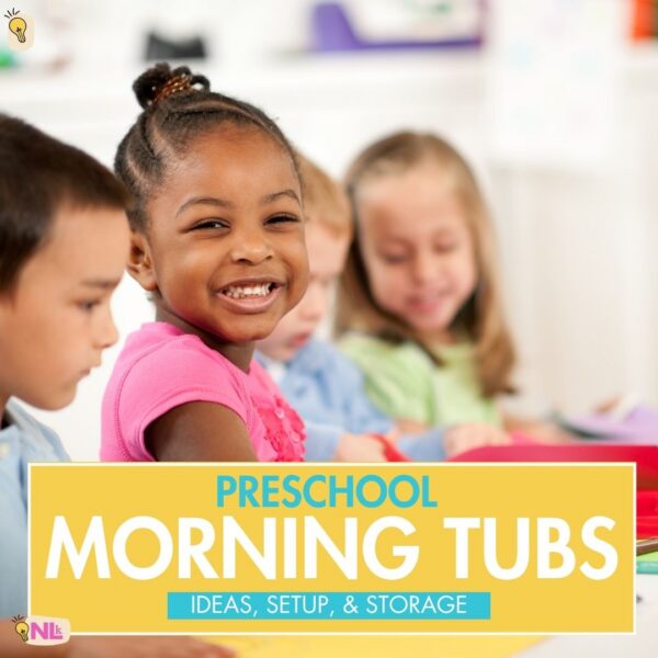 reschool students engaged at a classroom table with text overlay reading Preschool Morning Tubs Ideas Setup and Storage.