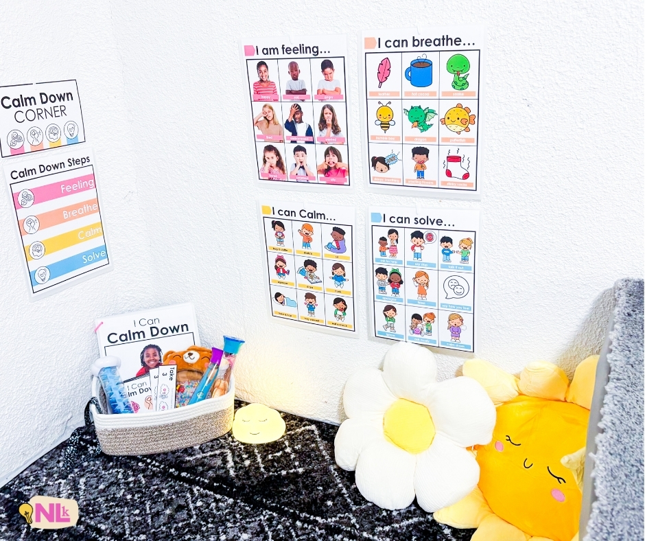 How to Create a calm down corner in kindergarten - image shows a classroom calm down corner