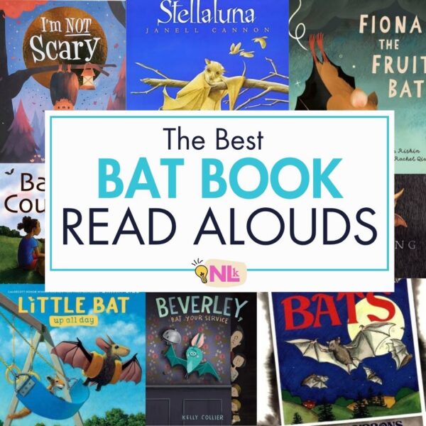 he Best Bat Book Read Alouds collage featuring kindergarten picture books including Stellaluna, Little Bat Up All Day, Fiona the Fruit Bat, and Bats by Gail Gibbons